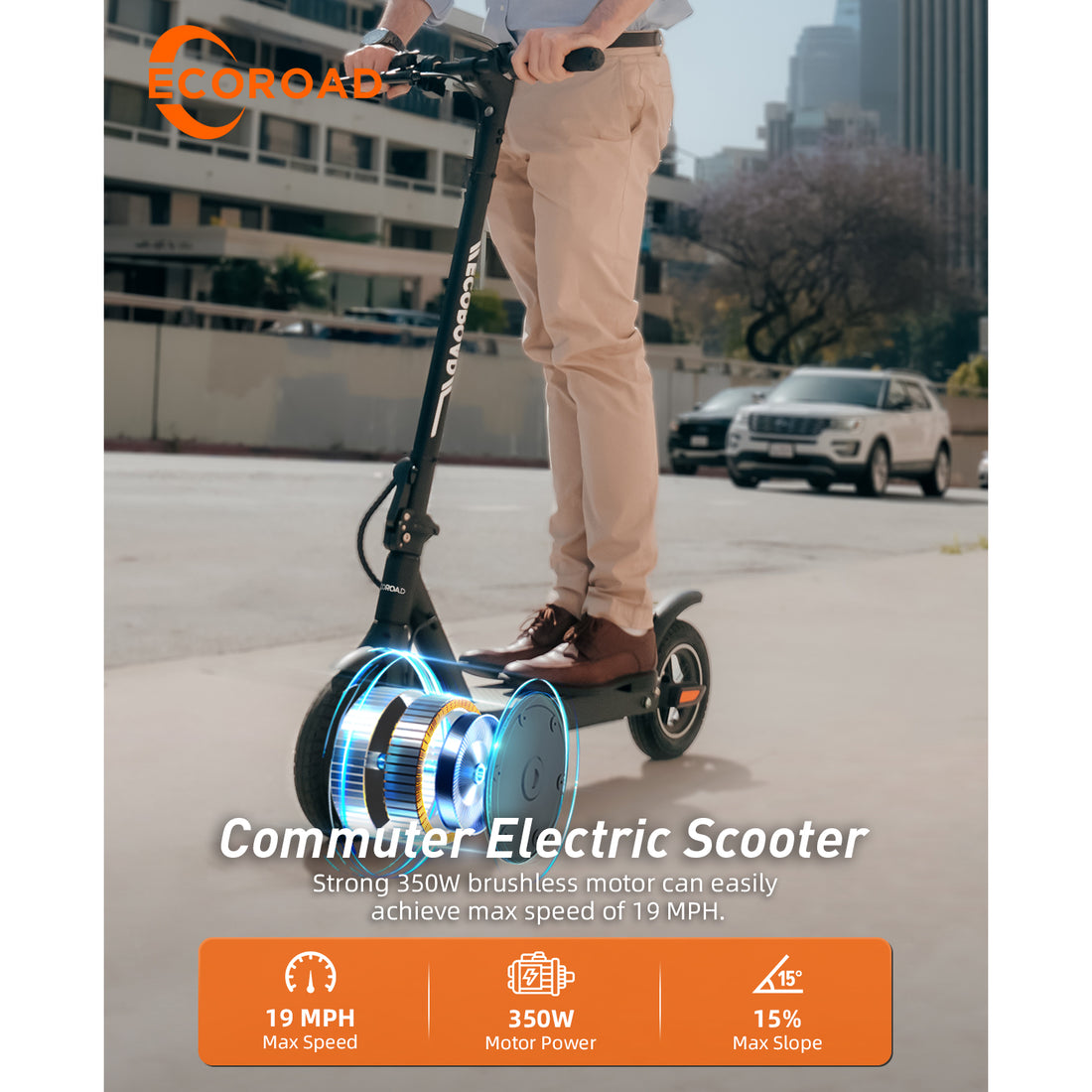 ECOROAD EC8 Electric Scooter for Adults, 450W Peak Motor, 19 MPH Max & 18 Miles Range Commuter Escooter, 10" Pneumatic Tires, Foldable E-Scooter for Adults and Teens