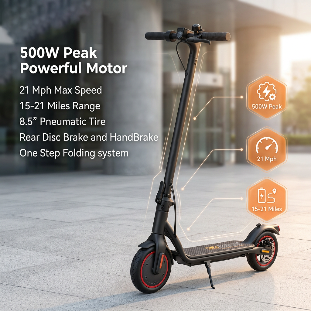 500W Peak Electric Scooter for Adults, Max 21mi Range & 21mph Speed, 8.5'' Tires & Portable Folding Design, Commuting E-Scooter Gift for Teens(Gray)
