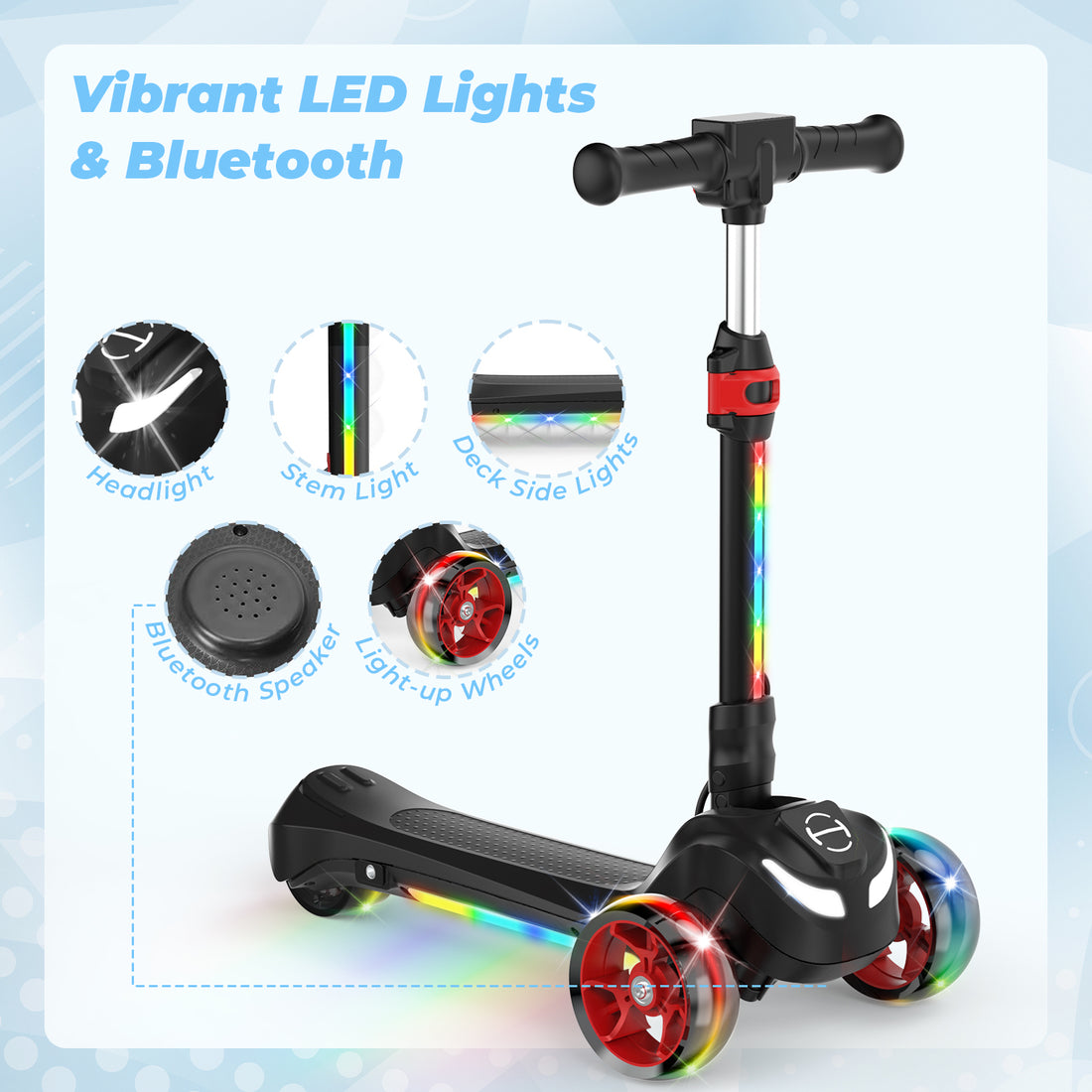 iScooter Electric Scooter for Kids 3+, 3-Wheels 100W Motor Escooter & Light-Up Wheels and Pedal, Foldable & Height Adjustable Toddler Motorized Scooters, E-Scooter for Girls Boys(Black)