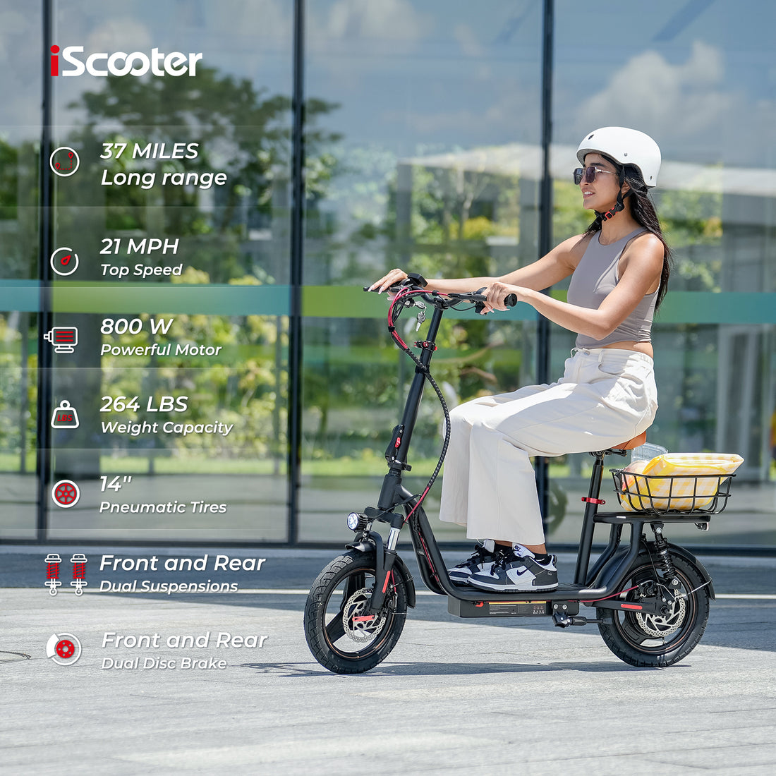 iScooter Electric Scooter with Seat, 34 Miles Range & 21 Mph Top Speed Adult Electric Scooter, 14" Pneumatic Tire and Adjustable Seat, Dual Suspensions Commuting Scooter for Adults with Basket