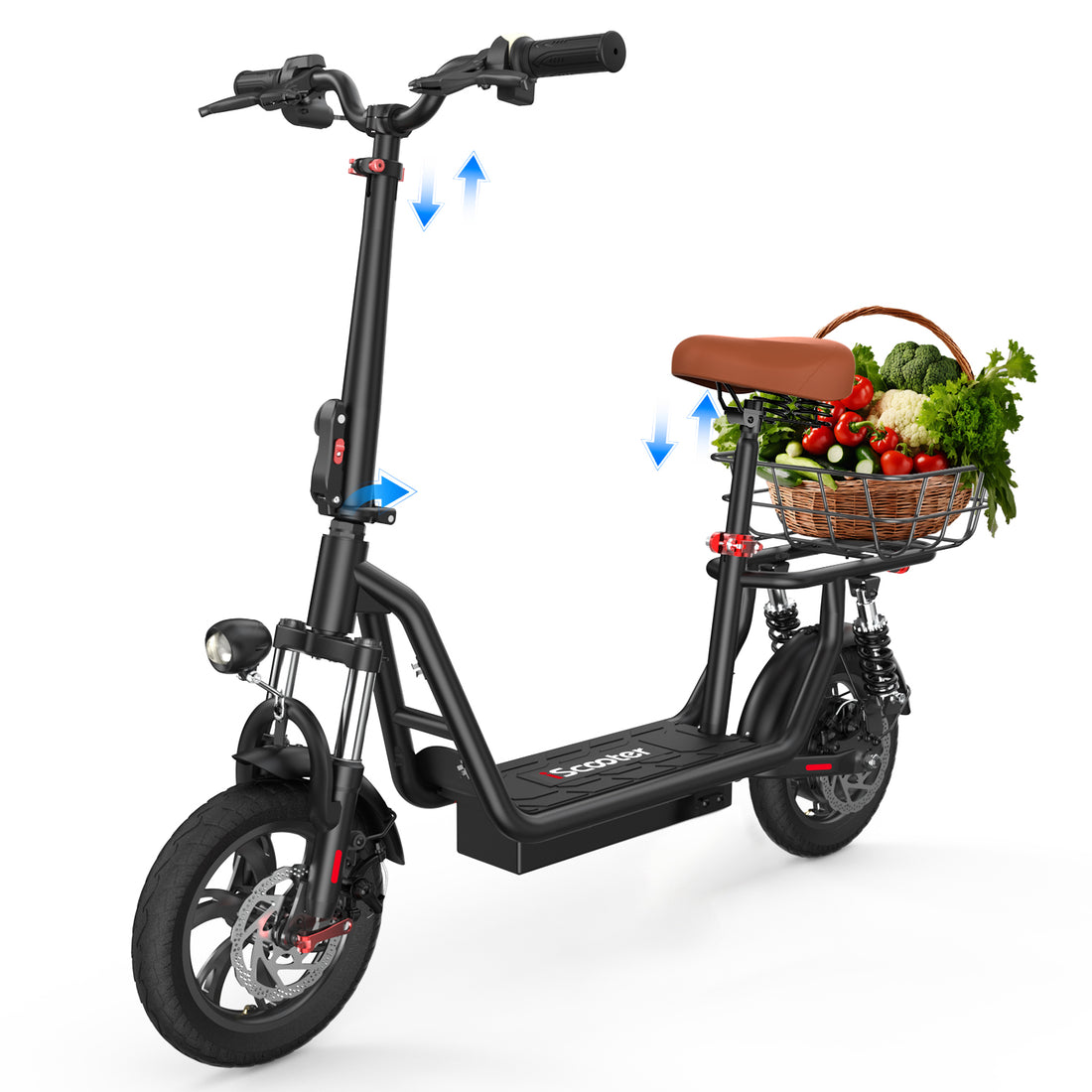 iScooter 500W Electric Scooter with Seat for Adult, 12" Commuter E-Scooter Up to 23 Miles 15.5 MPH with Dual Shock Absorbers and Basket