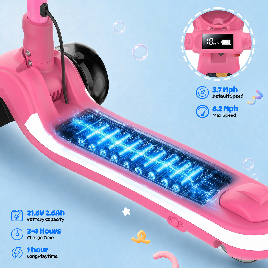 Electric Scooter for Kids 3-8, 3-Wheels 100W Escooter with 360°Light Up Pedal Handle, 6.2 Mph Max Foldable & Height Adjustable Toddler Motorized Scooters, Ride On Toys (Pink)