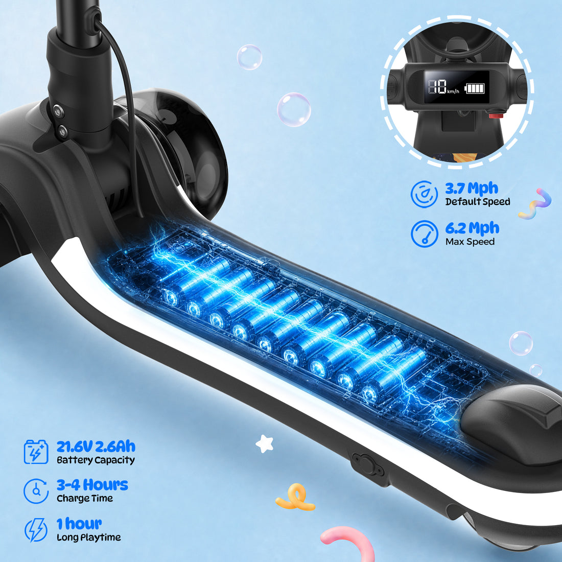 Electric Scooter for Kids 3-8, 3-Wheels 100W Escooter with 360°Light Up Pedal Handle, 6.2 Mph Max Foldable & Height Adjustable Toddler Motorized Scooters, Ride On Toys (Black)
