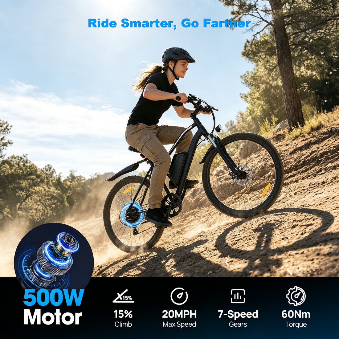 Electric Mountain Bike for Adults, 26" E-Bike with Shimano 7-Speed Gears,750W Peak,36V Battery, Twist Throttle & Pedal Assist