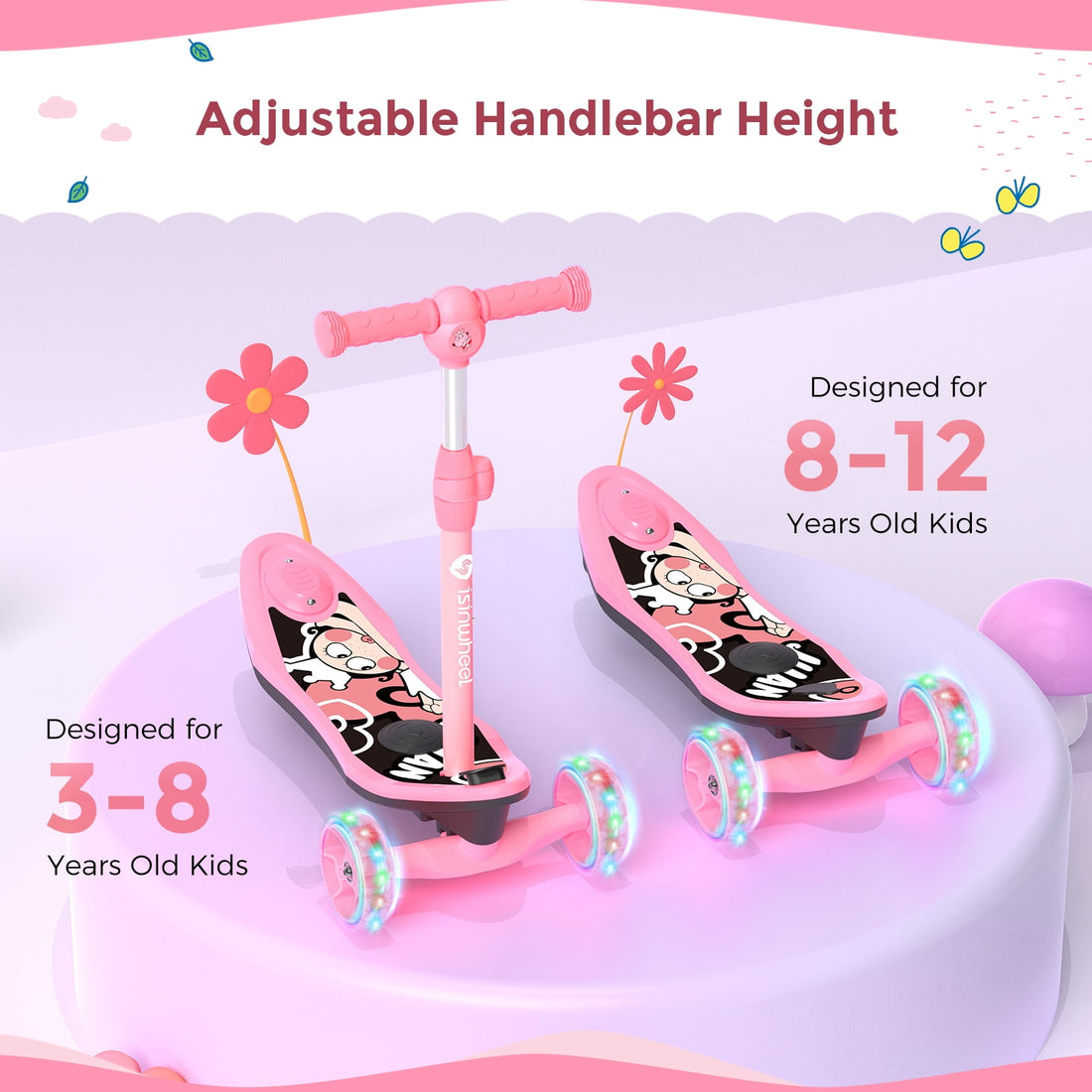 iSinwheel Kid 3 Wheel Electric Scooter, Height Adjustable Folding Pedal Scooter for 3-8 Years Old with Flashing Wheels for Boys and Girls Pink