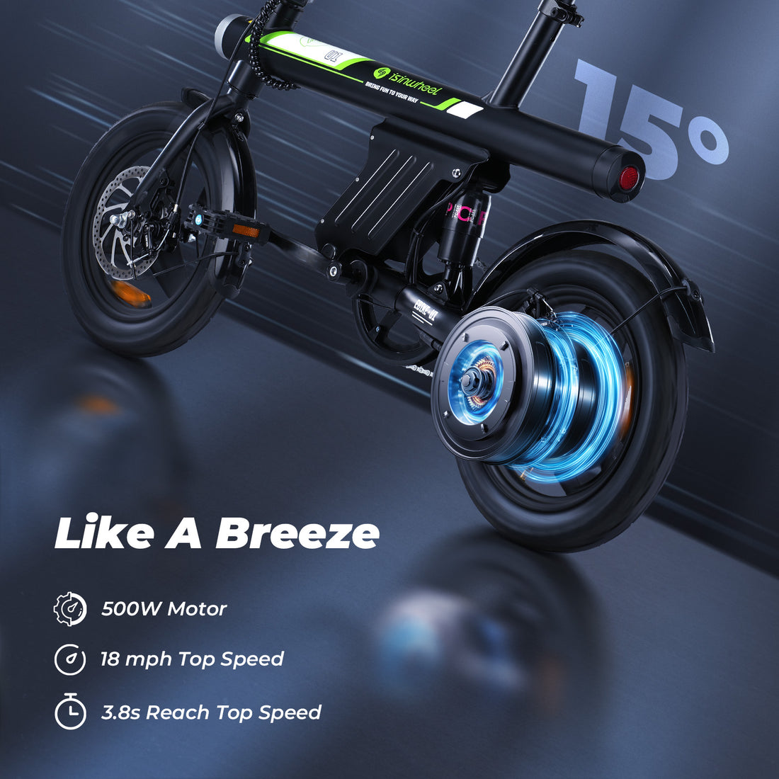iSinwheel W-U1 500W Folding Electric Bike for Adults, 25 Miles Long-Range Battery, Rear Suspension, 3 Assist Levels - 14" Foldable eBike for Adults And Teens Black