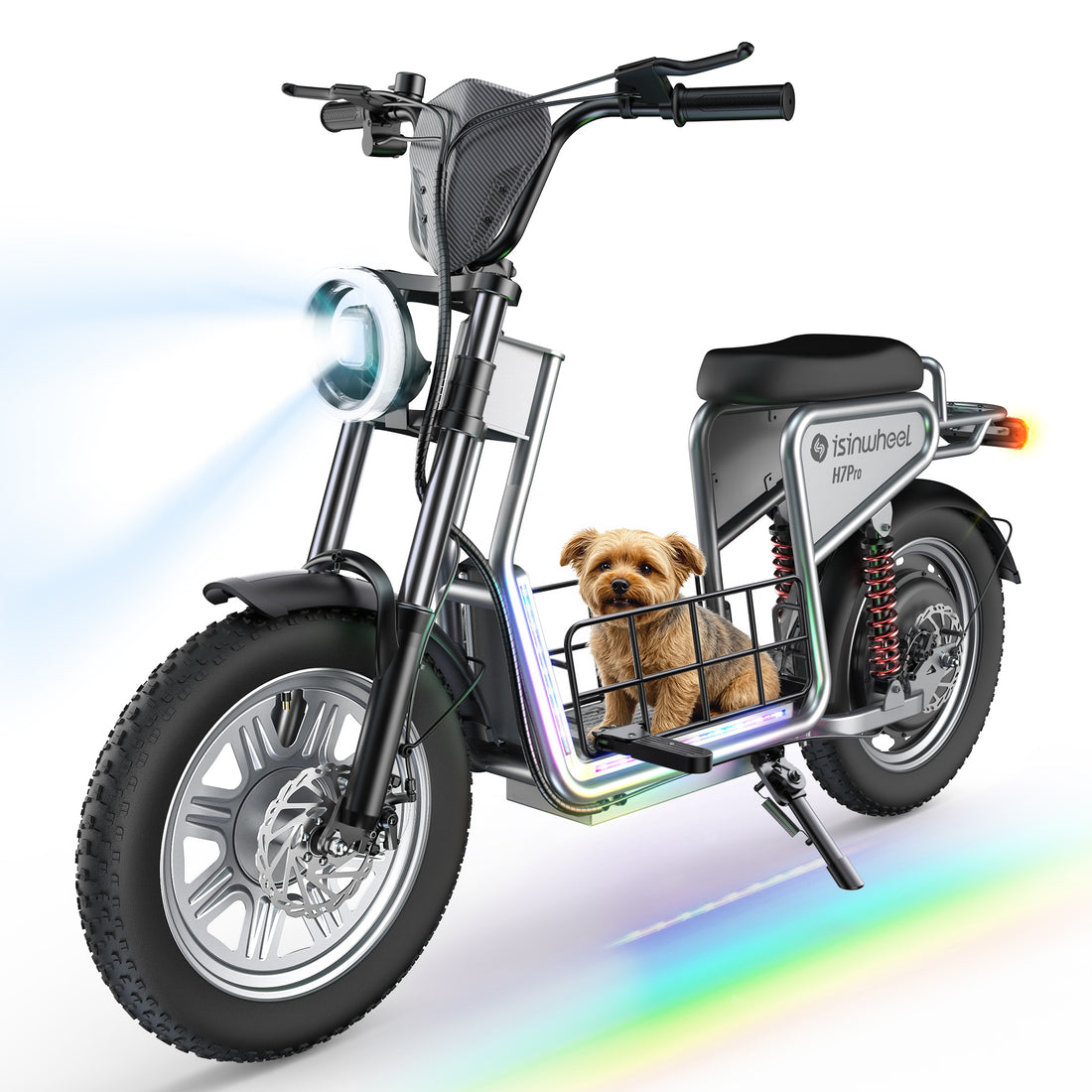 isinwheel Electric Scooter with Seat, 43/28 Miles Range & 38/21 MPH High Speed, 16/14'' Fat Tire Scooter for Adult with Mood Lights, Smart APP & NFC Start, 1200/750W Motor E Scooter