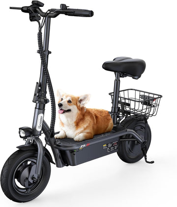 iScooter Electric Scooter with Seat, 37/21 Miles Long Range & 28/19/15.6 MPH Top Speed, 14"/12"/10" Pneumatic Tire, Height Adjustable Seat & Handlebar, Dual Suspensions Commuting Scooter with Basket