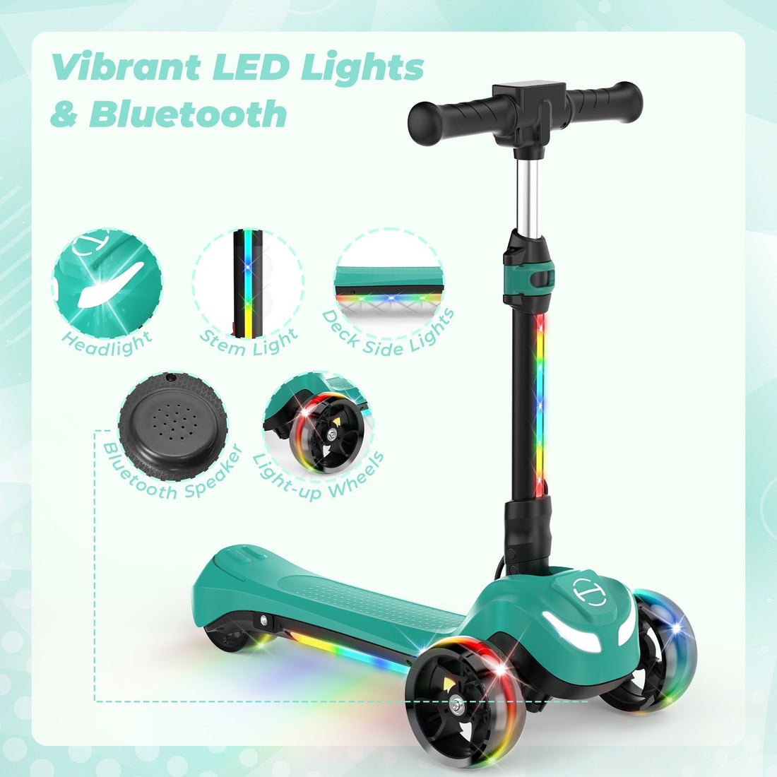 iScooter Electric Scooter for Kids 3+, 3-Wheels 100W Motor Escooter & Light-Up Wheels and Pedal, Foldable & Height Adjustable Toddler Motorized Scooters, E-Scooter for Girls Boys(Green)