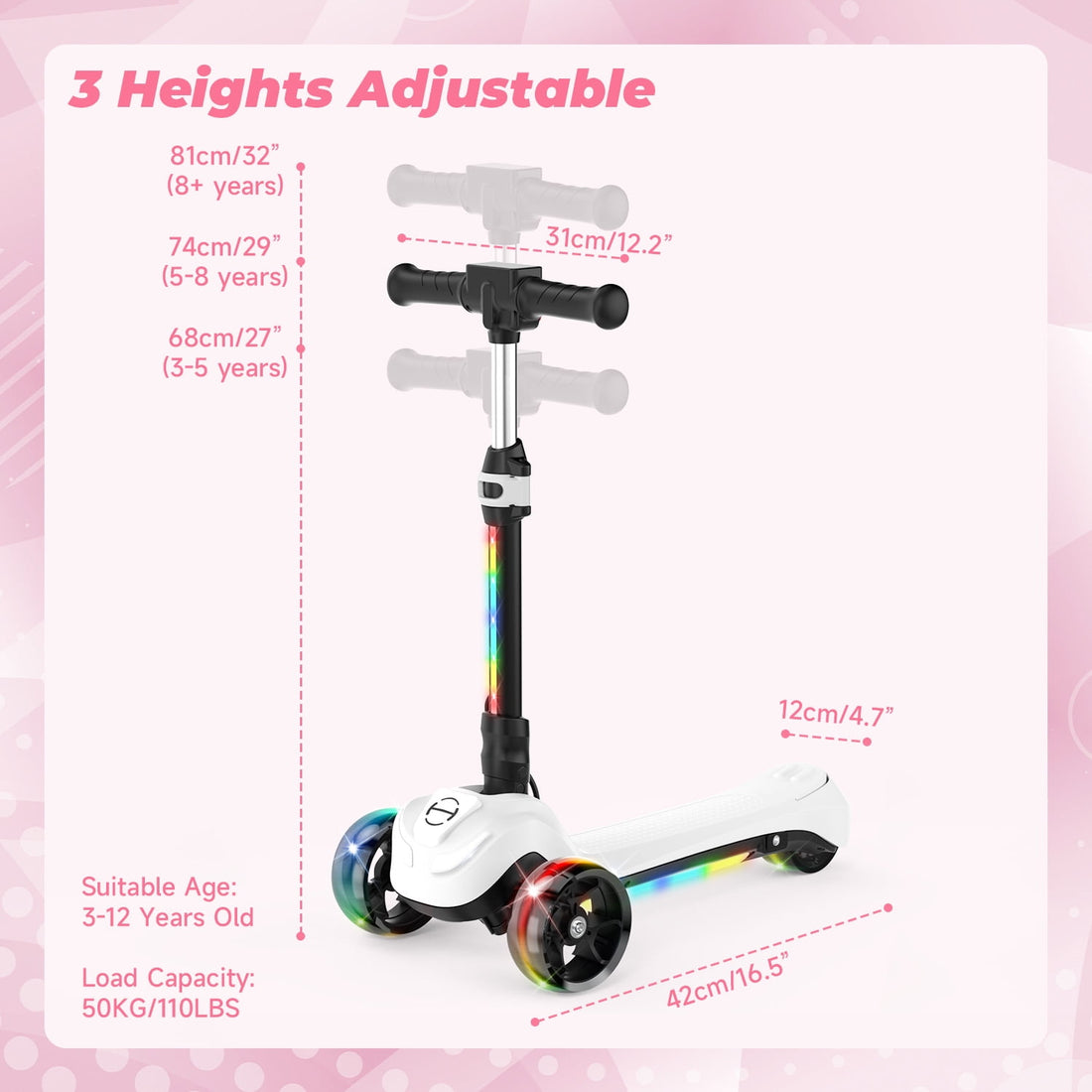 iScooter Electric Scooter for Kids 3+, 3-Wheels 100W Motor Escooter & Light-Up Wheels and Pedal, Foldable & Height Adjustable Toddler Motorized Scooters, E-Scooter for Girls Boys(White)