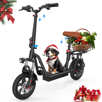iScooter 500W Electric Scooter with Seat for Adult, 12" Commuter E-Scooter Up to 23 Miles 15.5 MPH with Dual Shock Absorbers and Basket