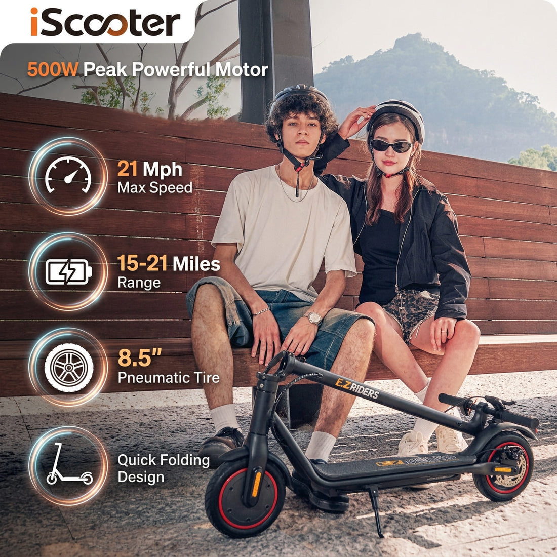 iScooter Electric Scooter for Adults, Up to 21Mph & 21Miles, 500W Peak 8.5" Pneumatic Tire, Commuting E-Scooter with APP Control, Orange